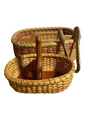 Woven Wicker Wooden Handle Storage Baskets Set Of 2 Rustic Decor VTG 90s Picnic